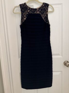 Adrianna Papell Navy Midi Sheath Dress with Lace Yoke